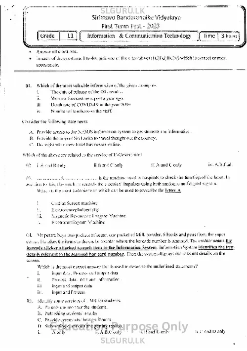 Grade 11 ICT First Term 2023 Sirimavo Bandaranayake Vidyalaya (EM) thumbnail